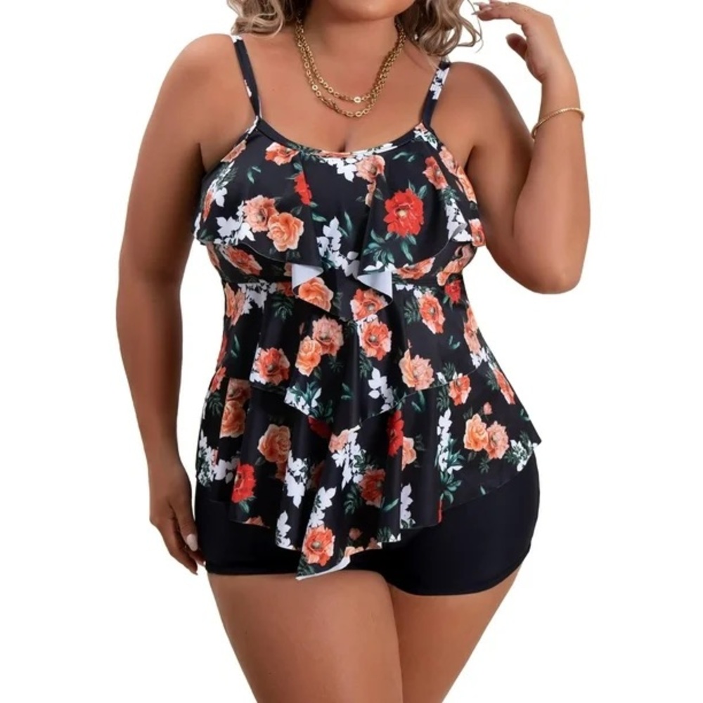 Plus Size Tankini Tummy Control 2 Piece Bathing Suit with Shorts